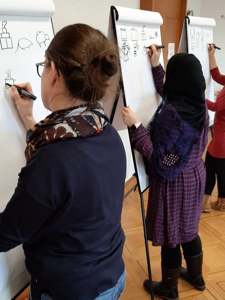Menschen zeichnen Skizzen an Flipcharts in einem Workshop.